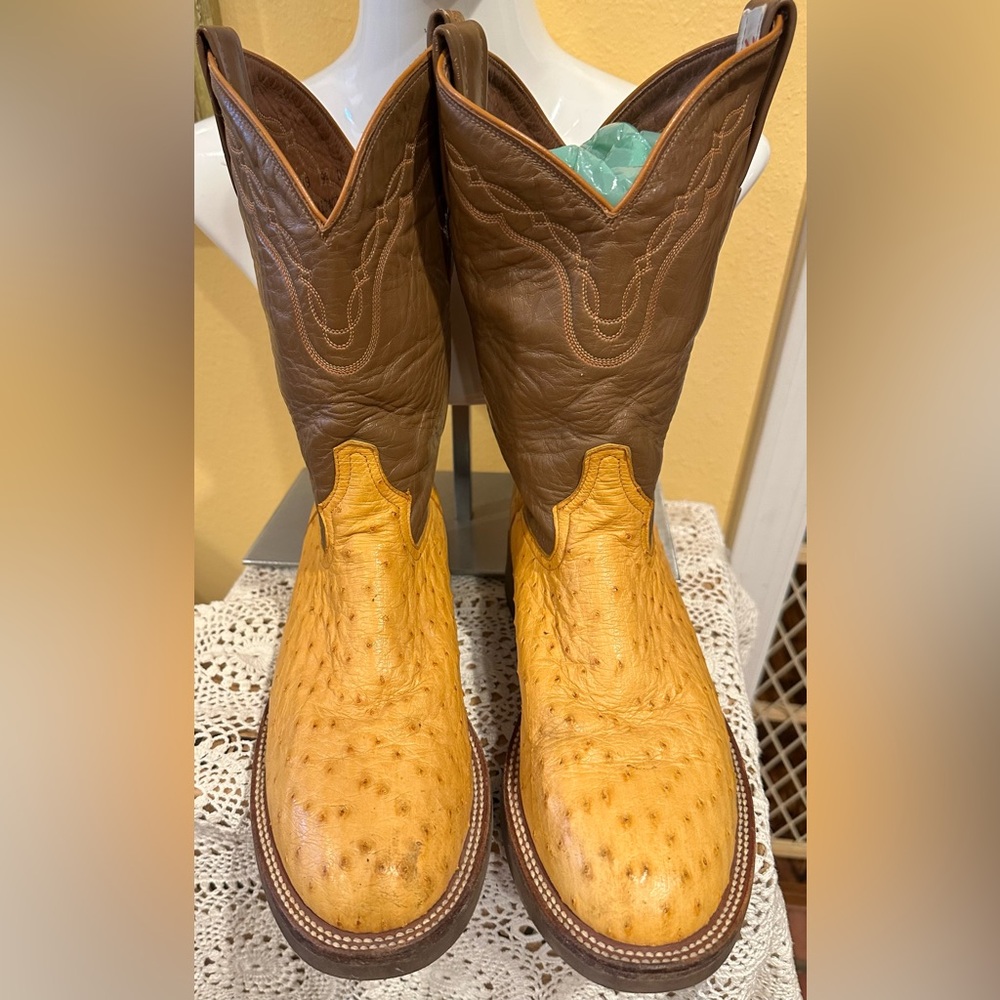 Tony Lama Brown and Yellow Ostrich Western Crepe Boots sz 91/2D Oil Resistance
